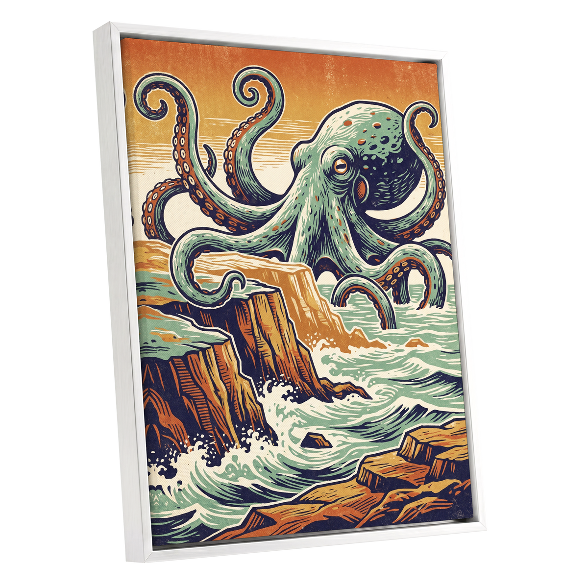 Octopus at the Edge, green, blue, orange nature wall art shown as a white framed canvas wall art