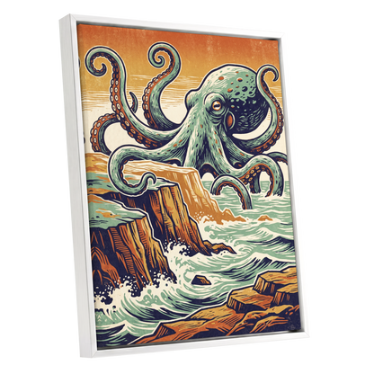Octopus at the Edge, green, blue, orange nature wall art shown as a white framed canvas wall art
