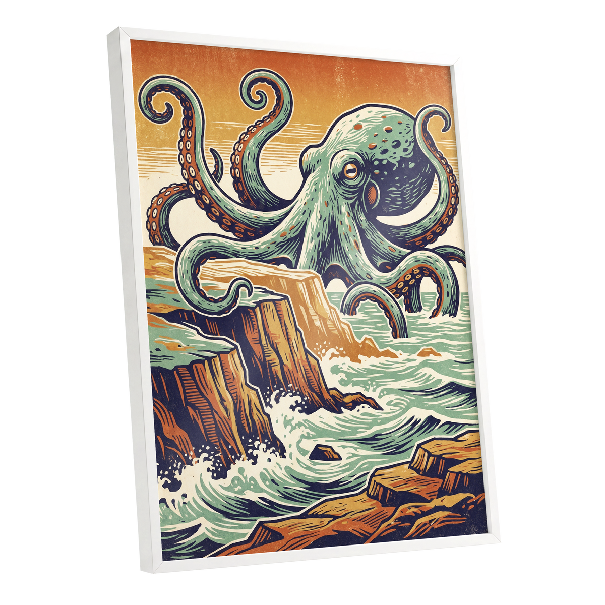 Octopus at the Edge, green, blue, orange nature wall art shown as a white framed poster wall art print