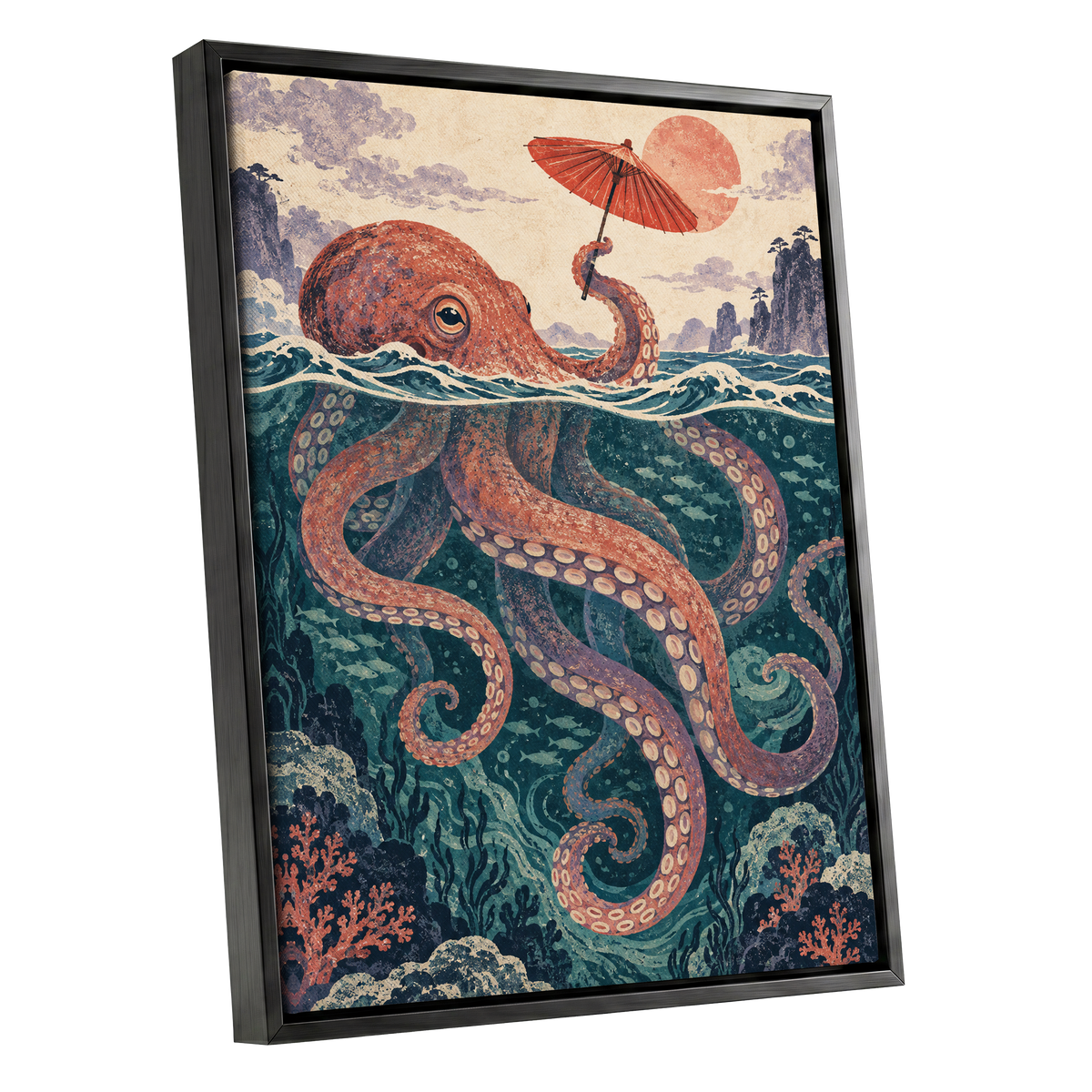 Octopus Under a Parasol, orange, red, blue nature wall art shown as a black framed canvas wall art