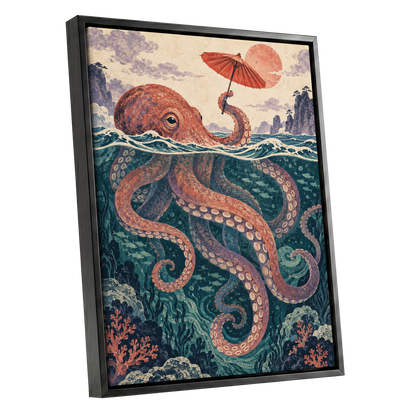 Octopus Under a Parasol, orange, red, blue nature wall art shown as a black framed canvas wall art