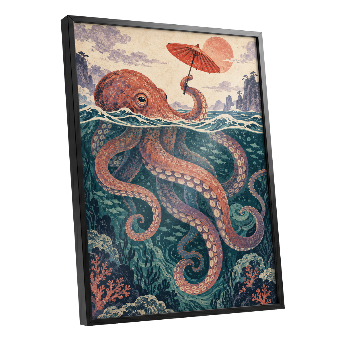Octopus Under a Parasol, orange, red, blue nature wall art shown as a black framed poster wall art print