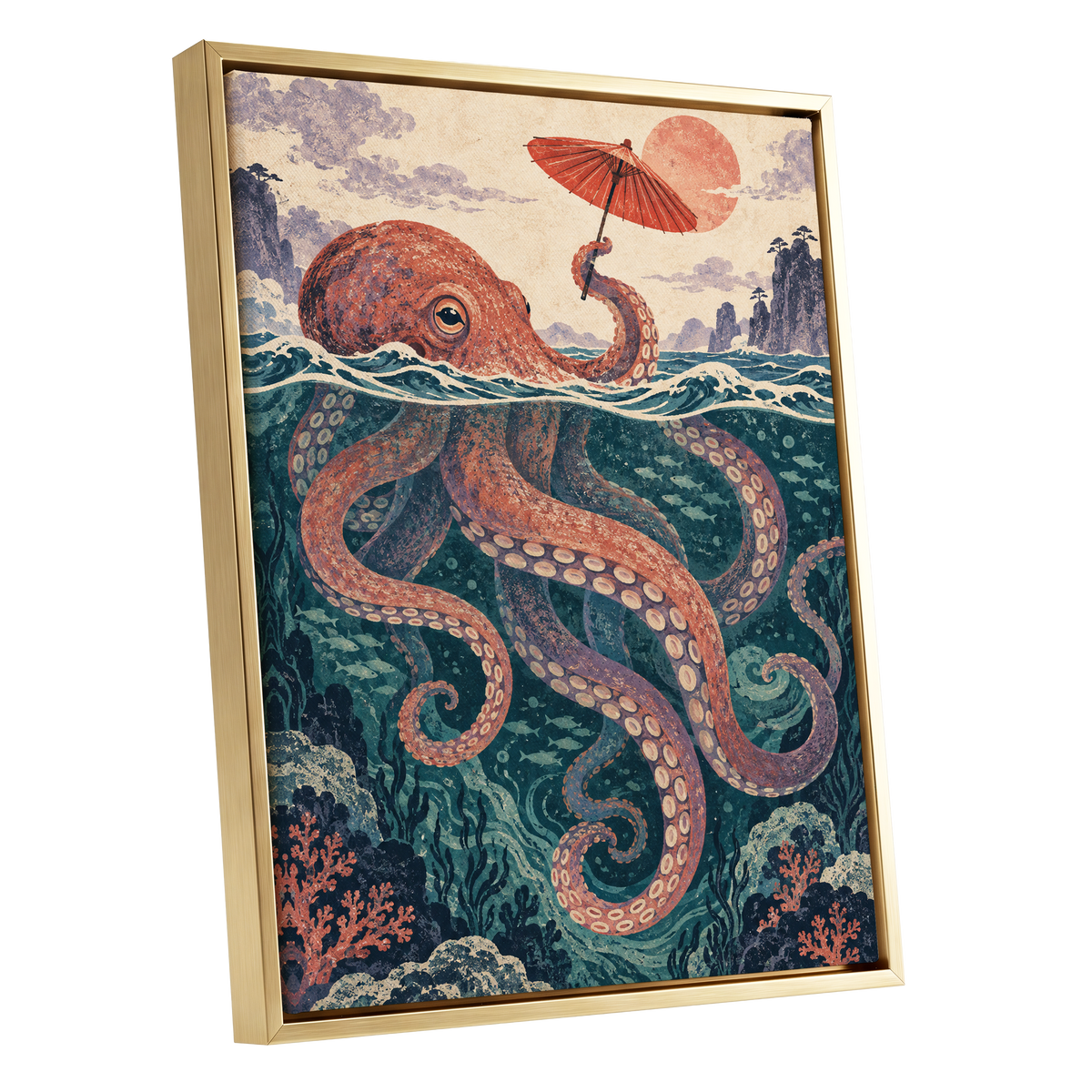 Octopus Under a Parasol, orange, red, blue nature wall art shown as a gold framed canvas wall art