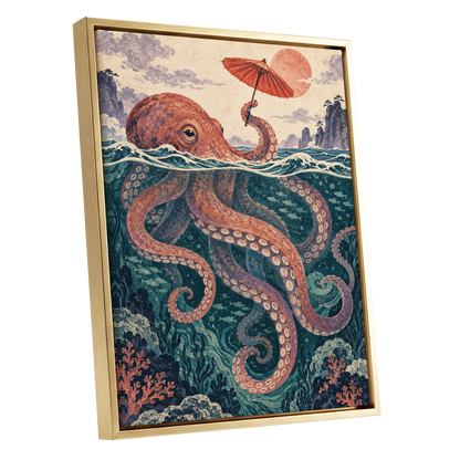 Octopus Under a Parasol, orange, red, blue nature wall art shown as a gold framed canvas wall art