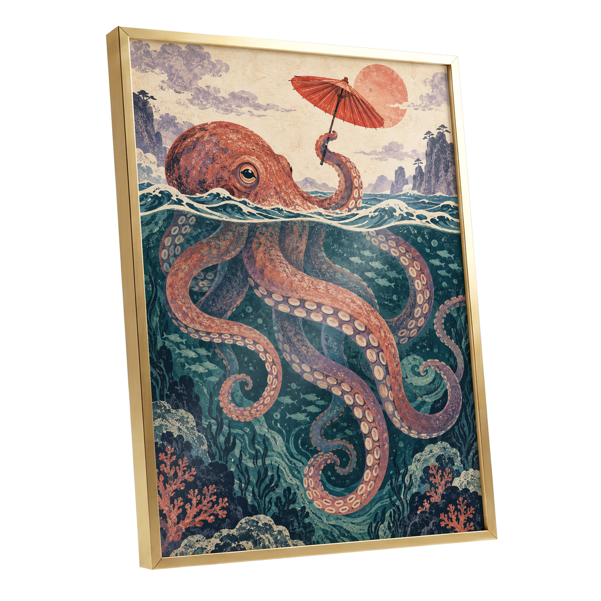 Octopus Under a Parasol, orange, red, blue nature wall art shown as a gold framed poster wall art print