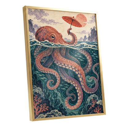 Octopus Under a Parasol, orange, red, blue nature wall art shown as a gold framed poster wall art print