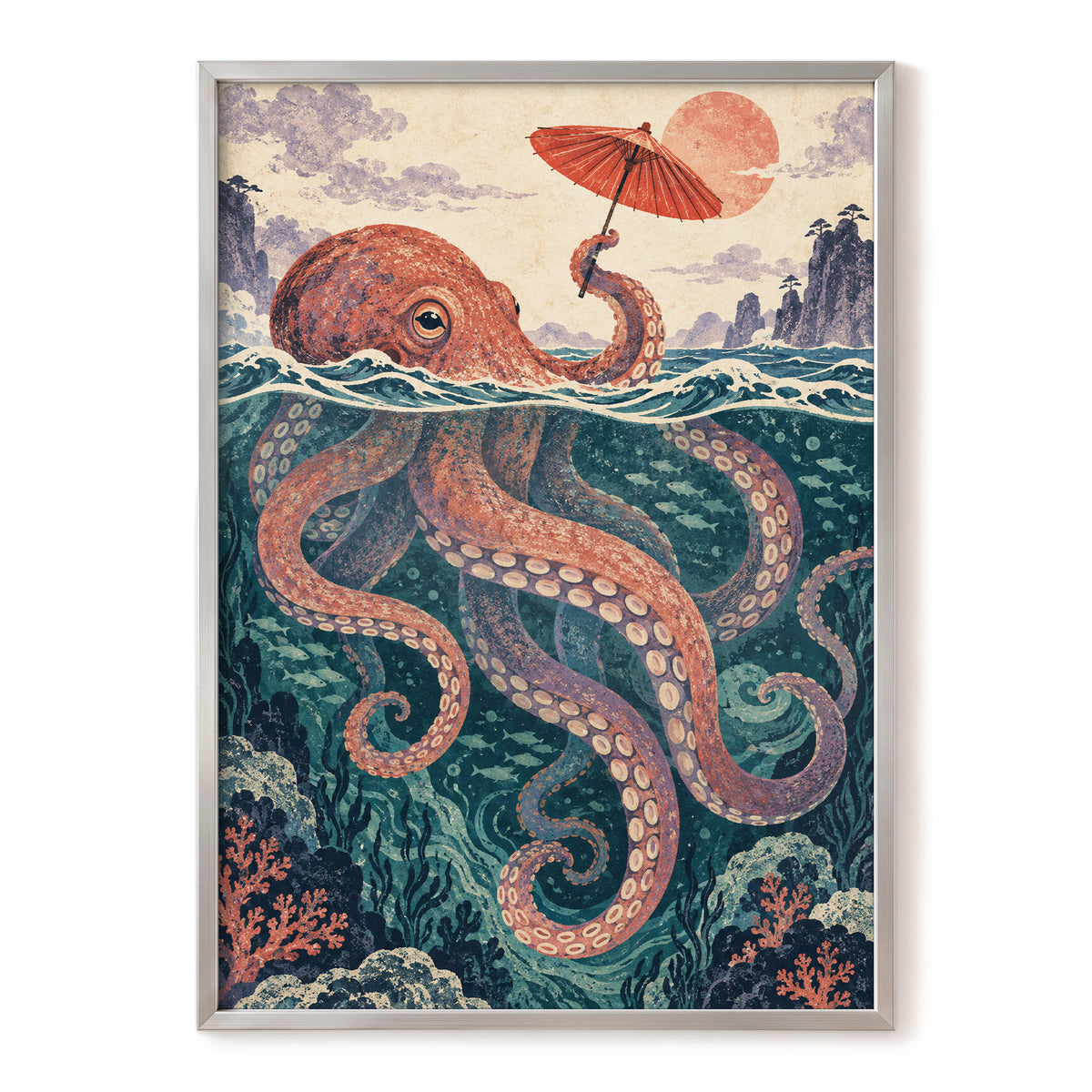 Octopus Under a Parasol, orange, red, blue nature wall art, front artwork view