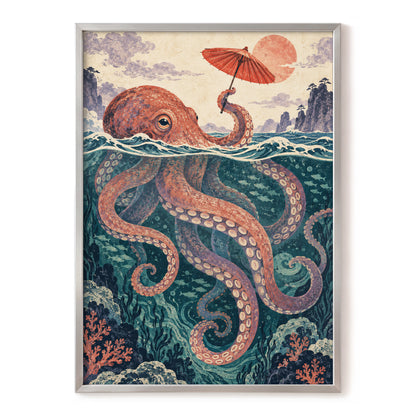 Octopus Under a Parasol, orange, red, blue nature wall art, front artwork view