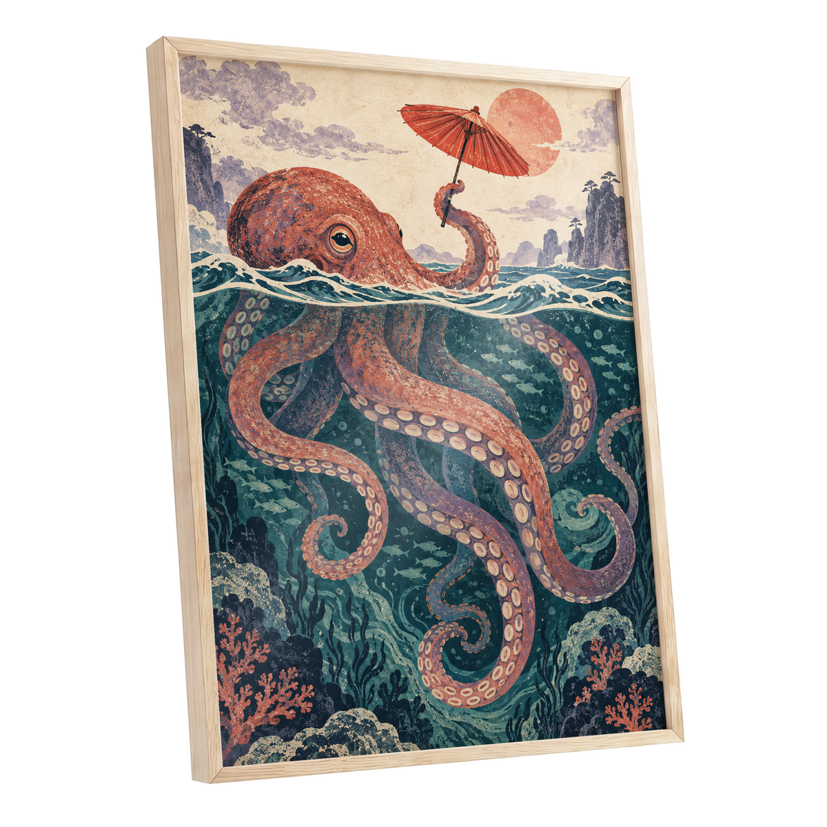 Octopus Under a Parasol, orange, red, blue nature wall art shown as a oak framed poster wall art print