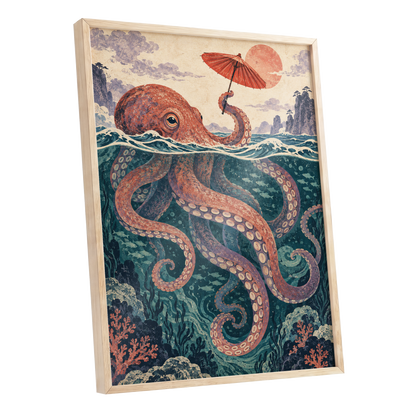 Octopus Under a Parasol, orange, red, blue nature wall art shown as a oak framed poster wall art print