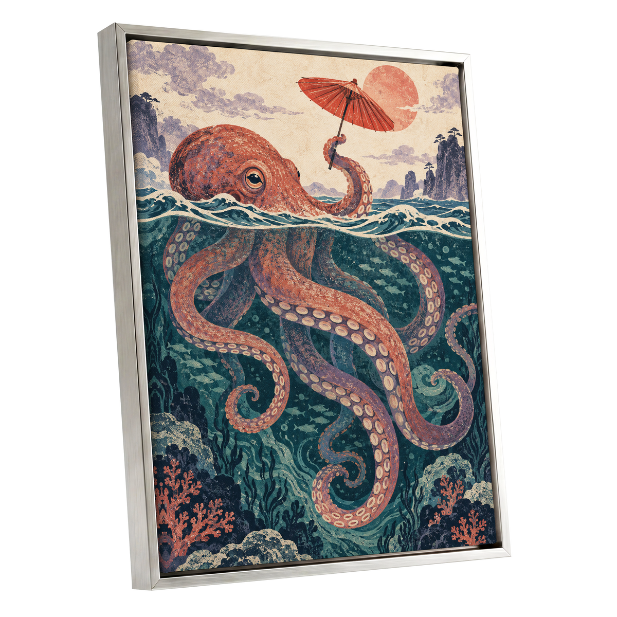 Octopus Under a Parasol, orange, red, blue nature wall art shown as a silver framed canvas wall art