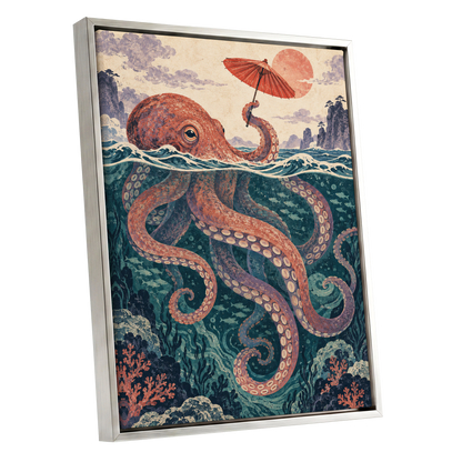 Octopus Under a Parasol, orange, red, blue nature wall art shown as a silver framed canvas wall art