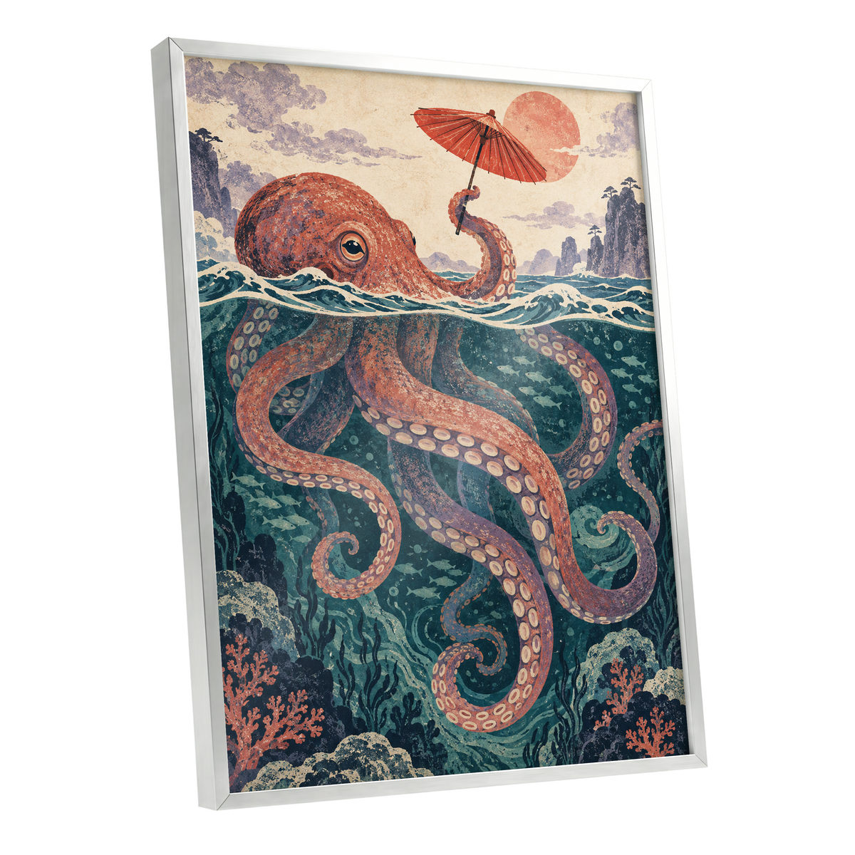 Octopus Under a Parasol, orange, red, blue nature wall art shown as a silver framed poster wall art print