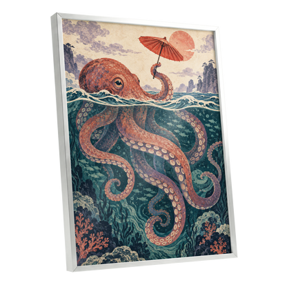 Octopus Under a Parasol, orange, red, blue nature wall art shown as a silver framed poster wall art print
