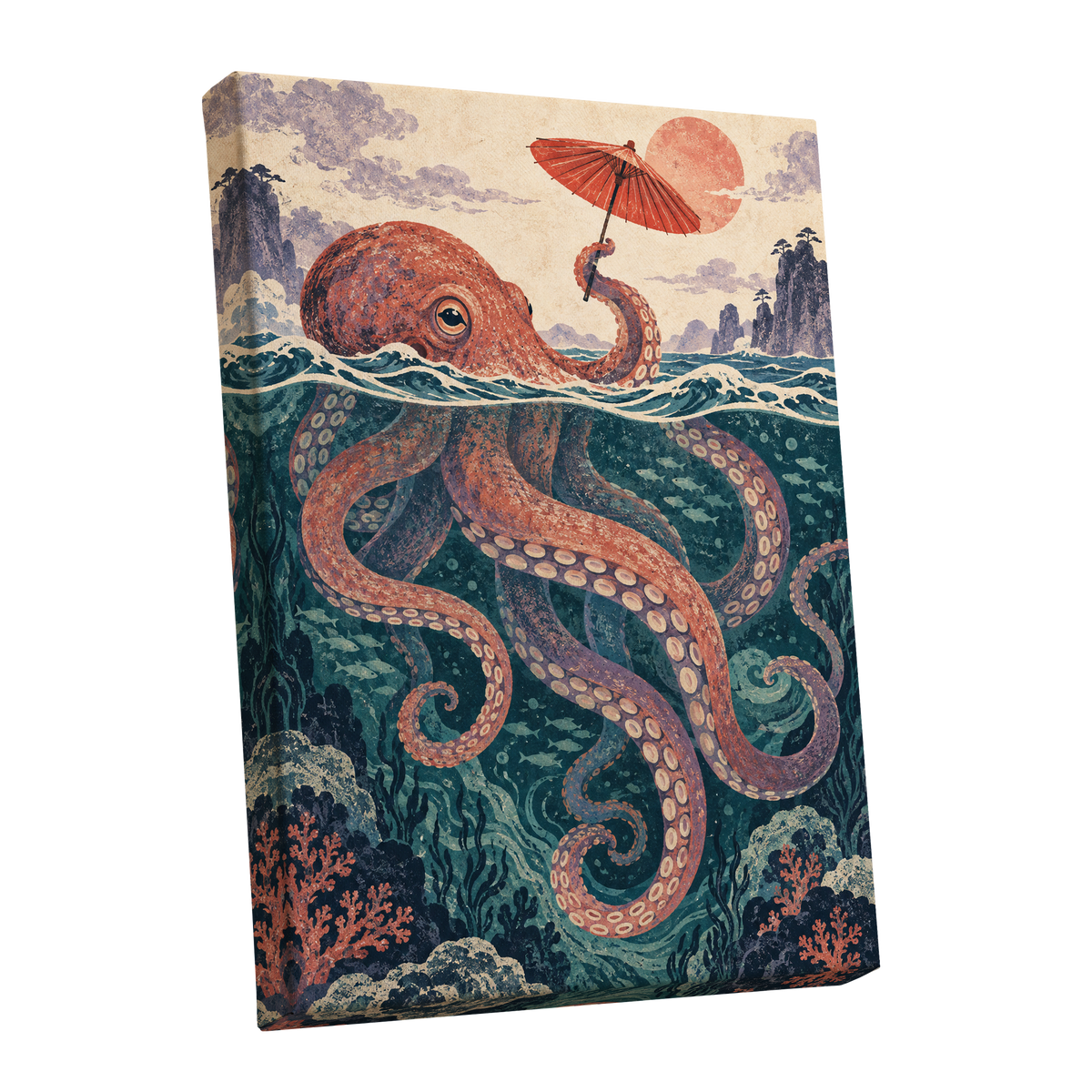 Octopus Under a Parasol, orange, red, blue nature wall art shown as a stretched canvas wall art