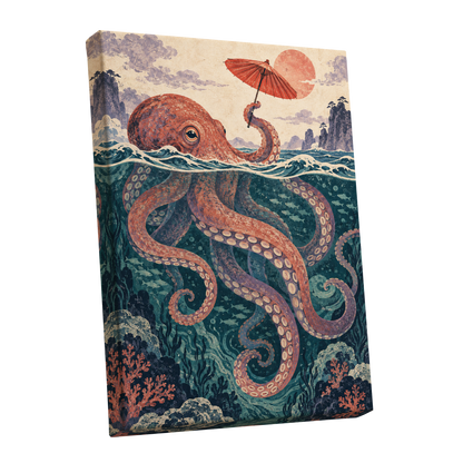 Octopus Under a Parasol, orange, red, blue nature wall art shown as a stretched canvas wall art