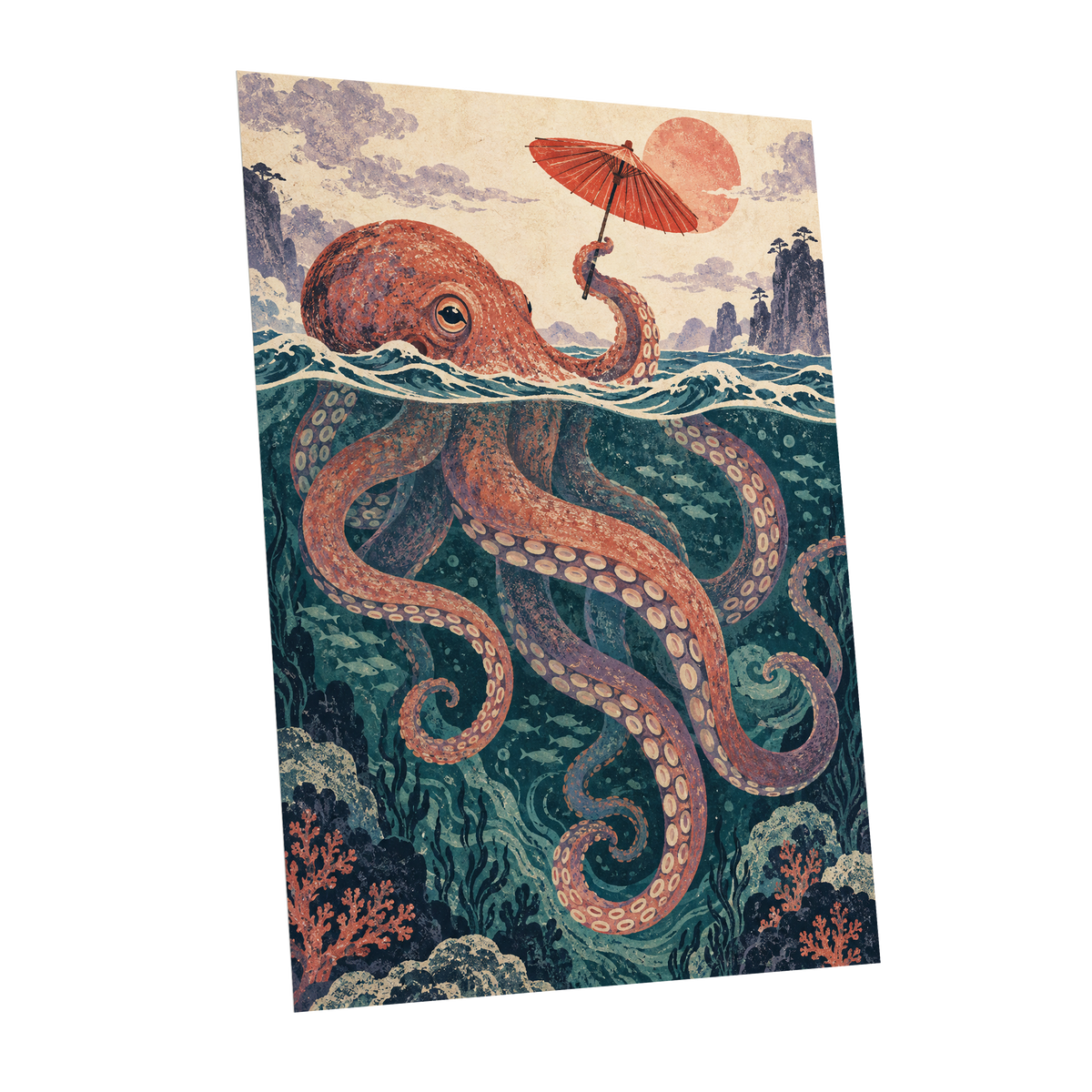 Octopus Under a Parasol, orange, red, blue nature wall art shown as a unframed poster wall art print