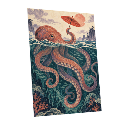 Octopus Under a Parasol, orange, red, blue nature wall art shown as a unframed poster wall art print