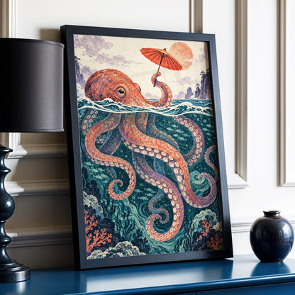 Octopus Under a Parasol, orange, red, blue nature wall art displayed in a styled interior, gallery view 2