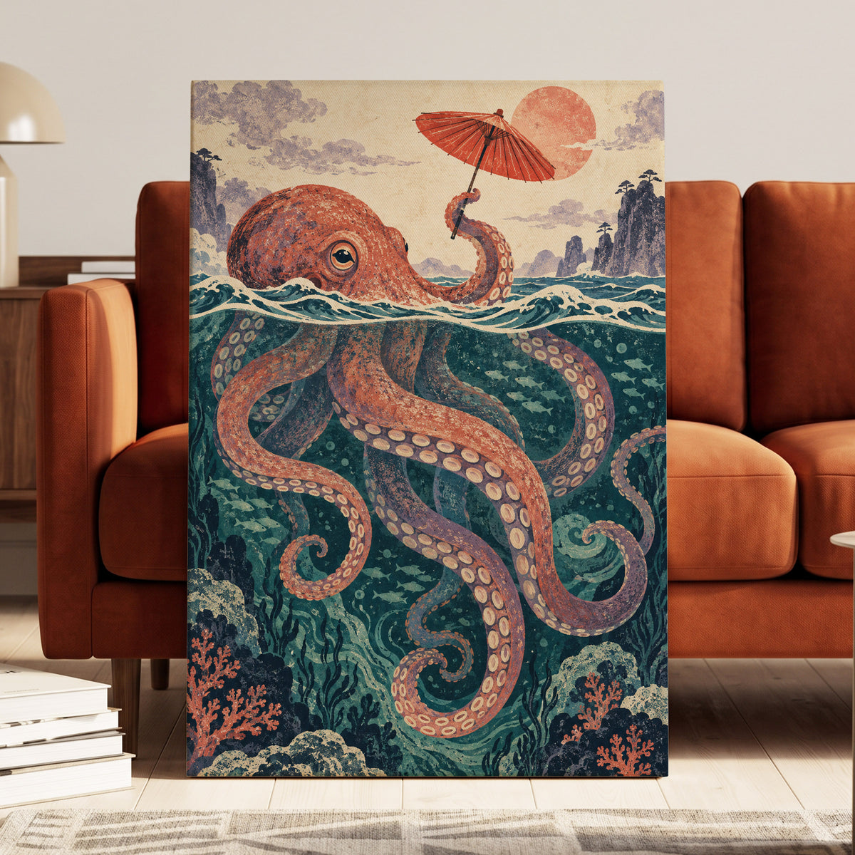 Octopus Under a Parasol, orange, red, blue nature wall art displayed in a styled interior, gallery view 3