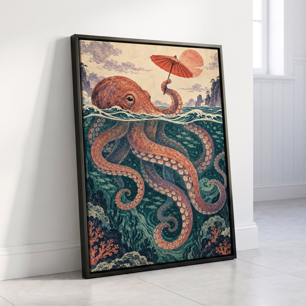 Octopus Under a Parasol, orange, red, blue nature wall art displayed in a styled interior, gallery view 4