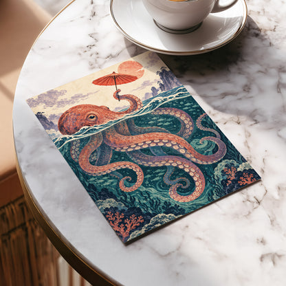 Octopus Under a Parasol, orange, red, blue nature wall art displayed in a styled interior, gallery view 5