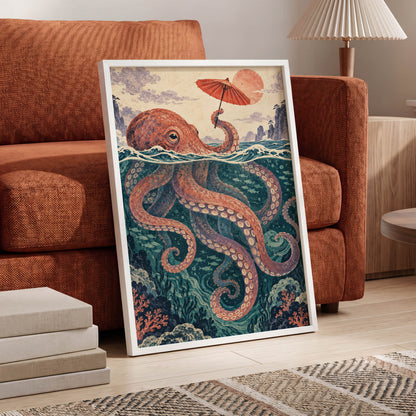 Octopus Under a Parasol, orange, red, blue nature wall art displayed in a styled interior, gallery view 6
