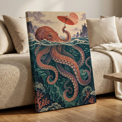 Octopus Under a Parasol, orange, red, blue nature wall art displayed in a styled interior, gallery view 7