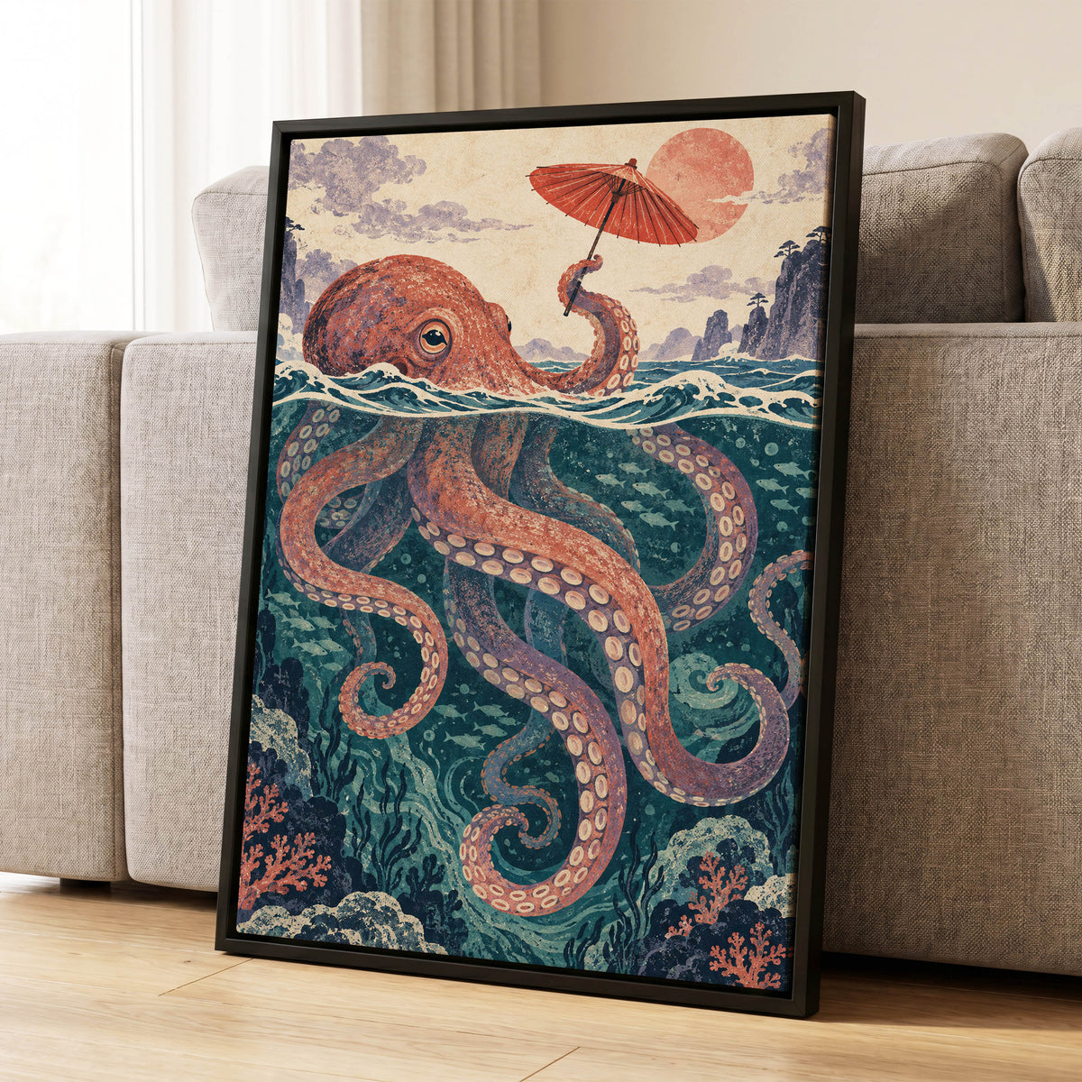 Octopus Under a Parasol, orange, red, blue nature wall art displayed in a styled interior, gallery view 8