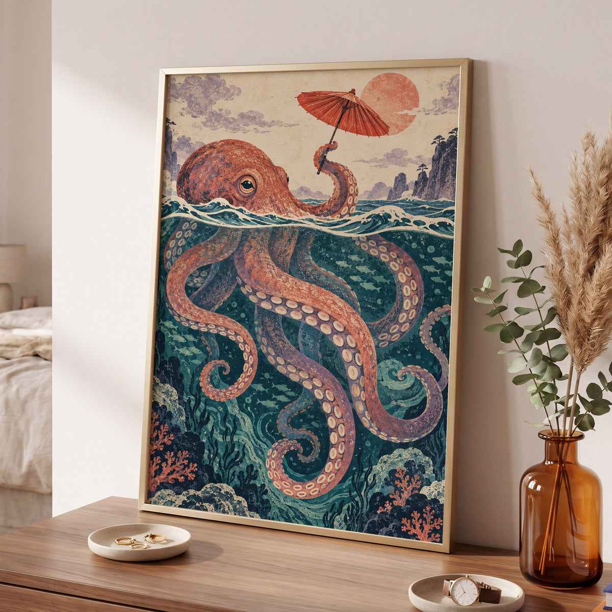 Octopus Under a Parasol, orange, red, blue nature wall art displayed in a styled interior, gallery view 9