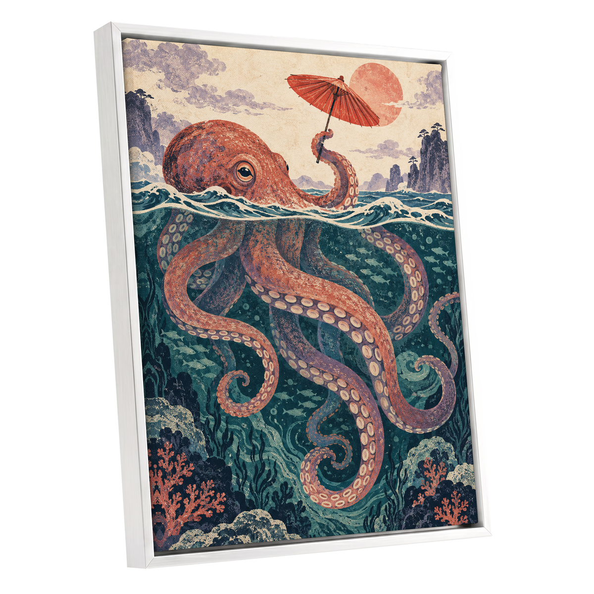 Octopus Under a Parasol, orange, red, blue nature wall art shown as a white framed canvas wall art