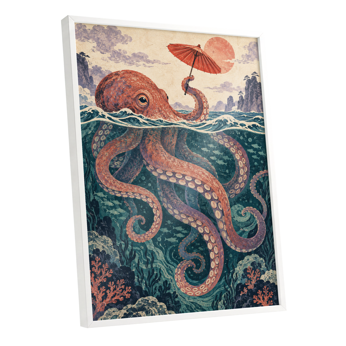 Octopus Under a Parasol, orange, red, blue nature wall art shown as a white framed poster wall art print