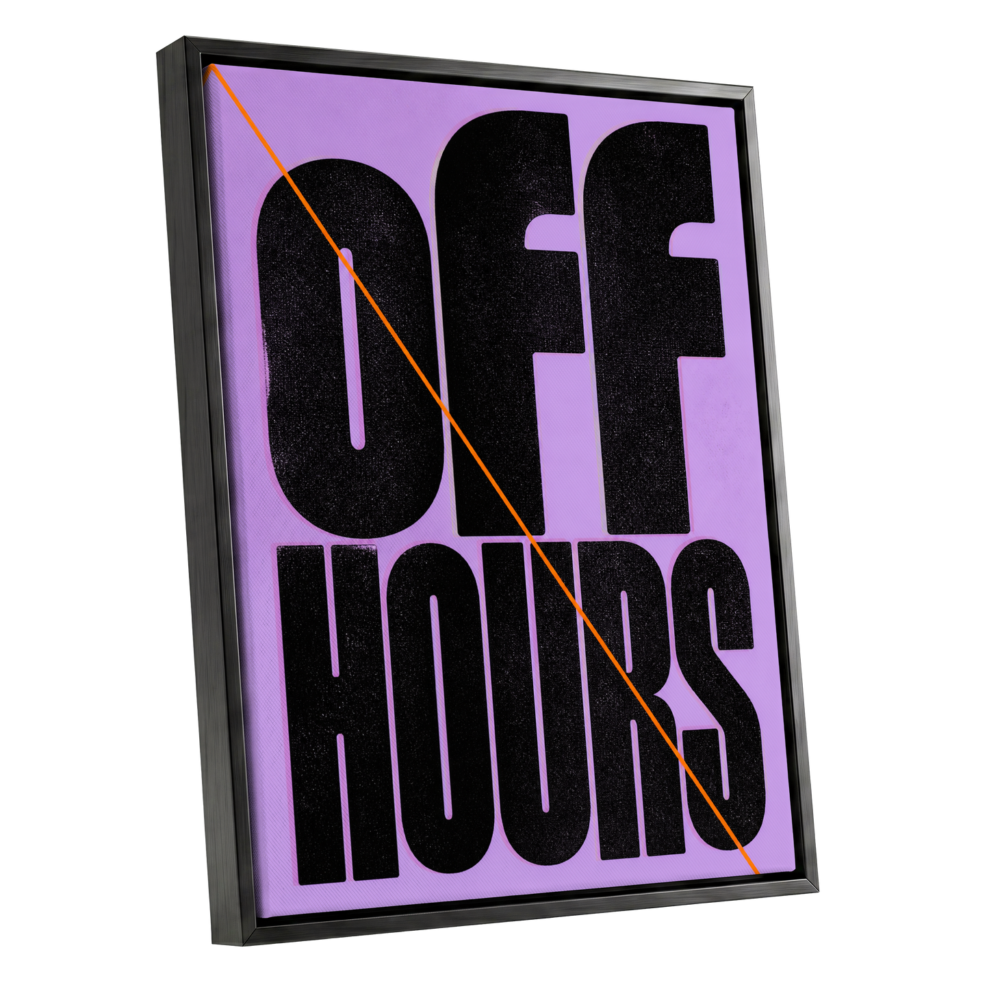Off Hours Signal, black, purple, orange minimalist wall art shown as a black framed canvas wall art