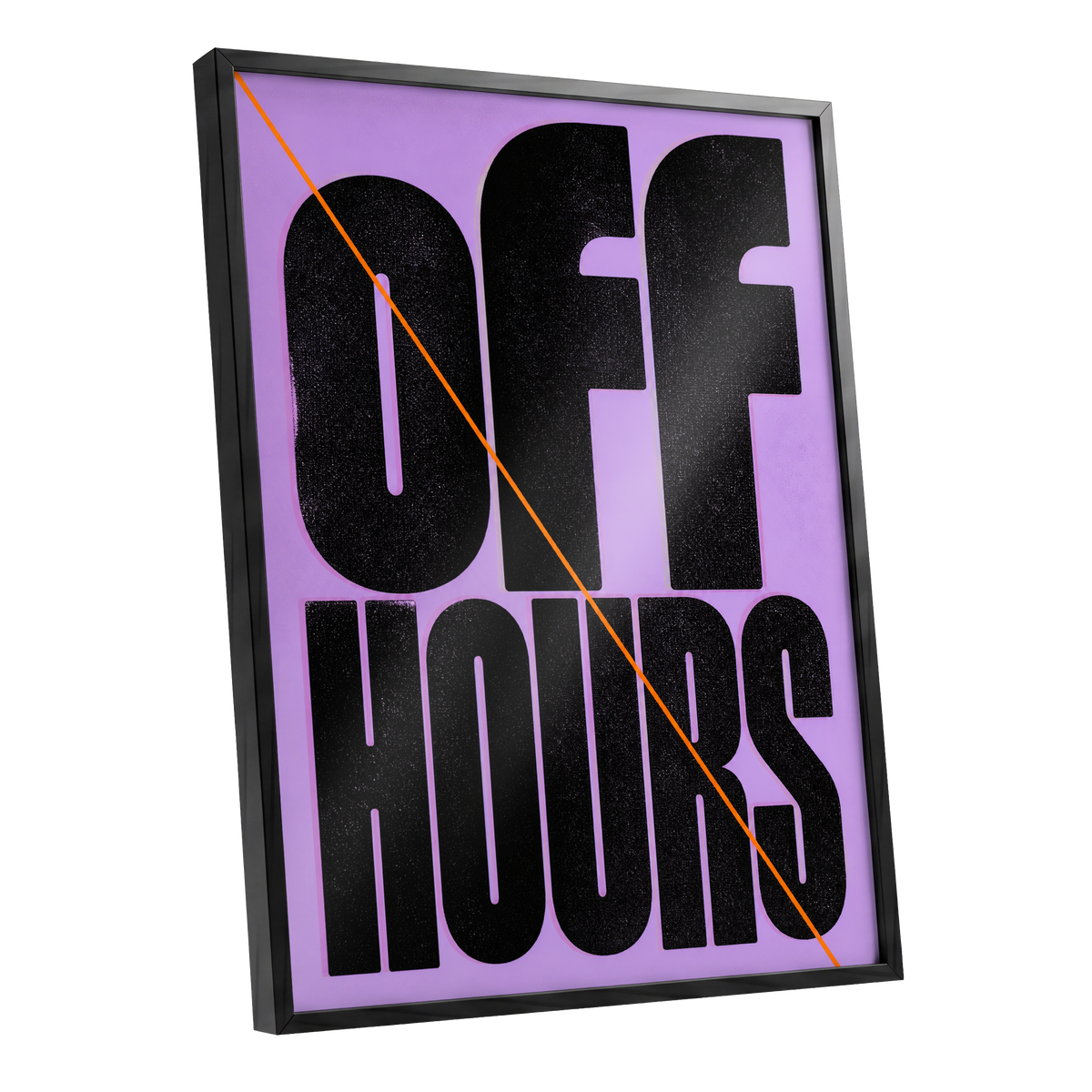 Off Hours Signal, black, purple, orange minimalist wall art shown as a black framed poster wall art print