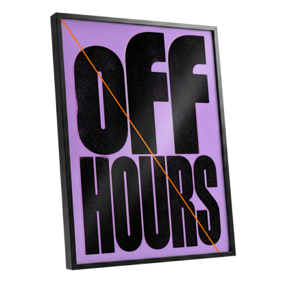 Off Hours Signal, black, purple, orange minimalist wall art shown as a black framed poster wall art print