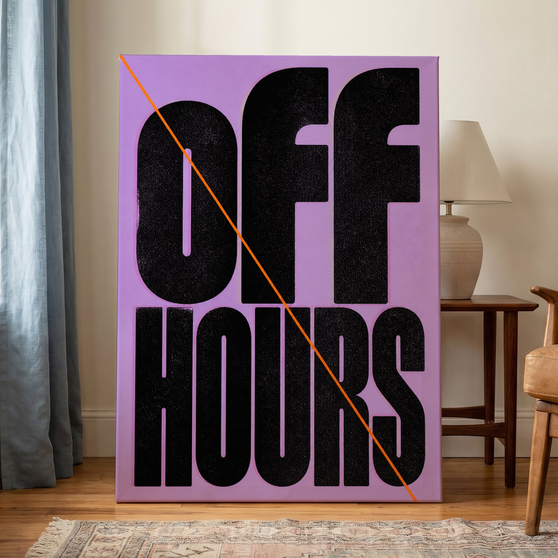 Off Hours Signal, black, purple, orange minimalist wall art on canvas displayed in a styled interior, gallery view 1