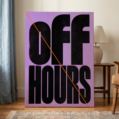 Off Hours Signal, black, purple, orange minimalist wall art on canvas displayed in a styled interior, gallery view 1