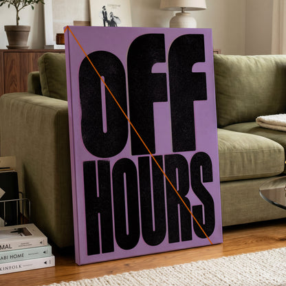 Off Hours Signal, black, purple, orange minimalist wall art on canvas displayed in a styled interior, gallery view 2