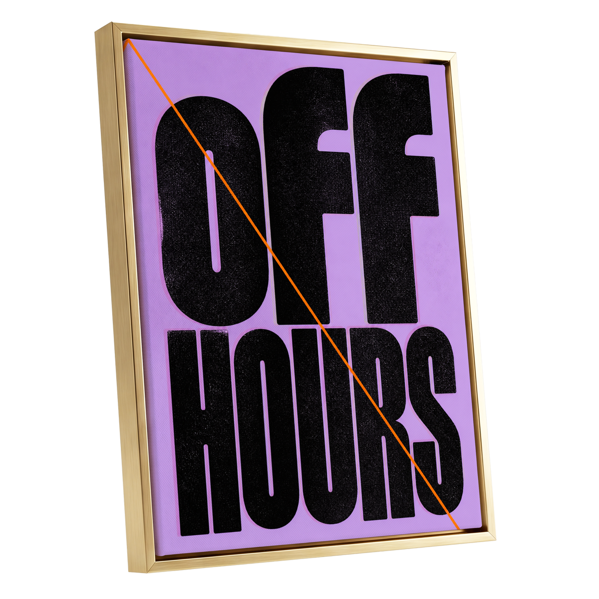 Off Hours Signal, black, purple, orange minimalist wall art shown as a gold framed canvas wall art