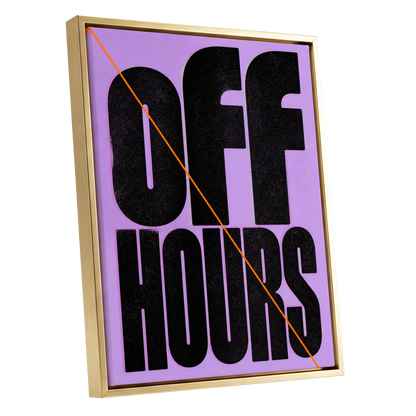 Off Hours Signal, black, purple, orange minimalist wall art shown as a gold framed canvas wall art