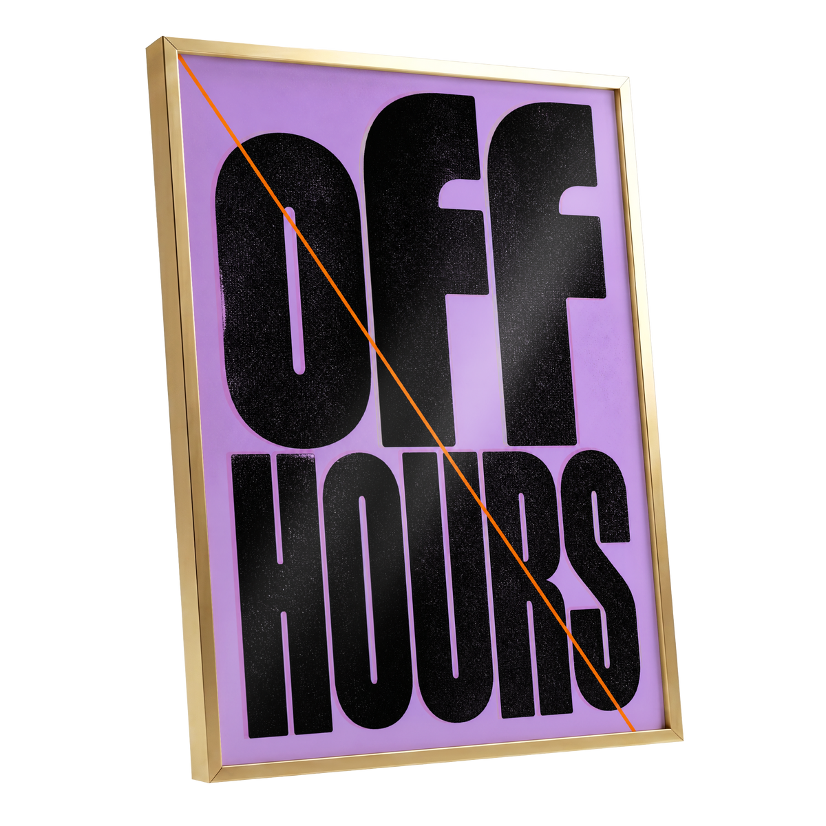 Off Hours Signal, black, purple, orange minimalist wall art shown as a gold framed poster wall art print
