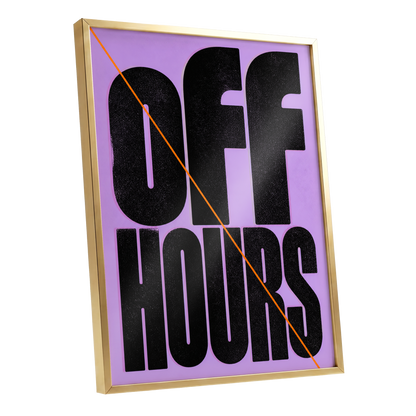 Off Hours Signal, black, purple, orange minimalist wall art shown as a gold framed poster wall art print