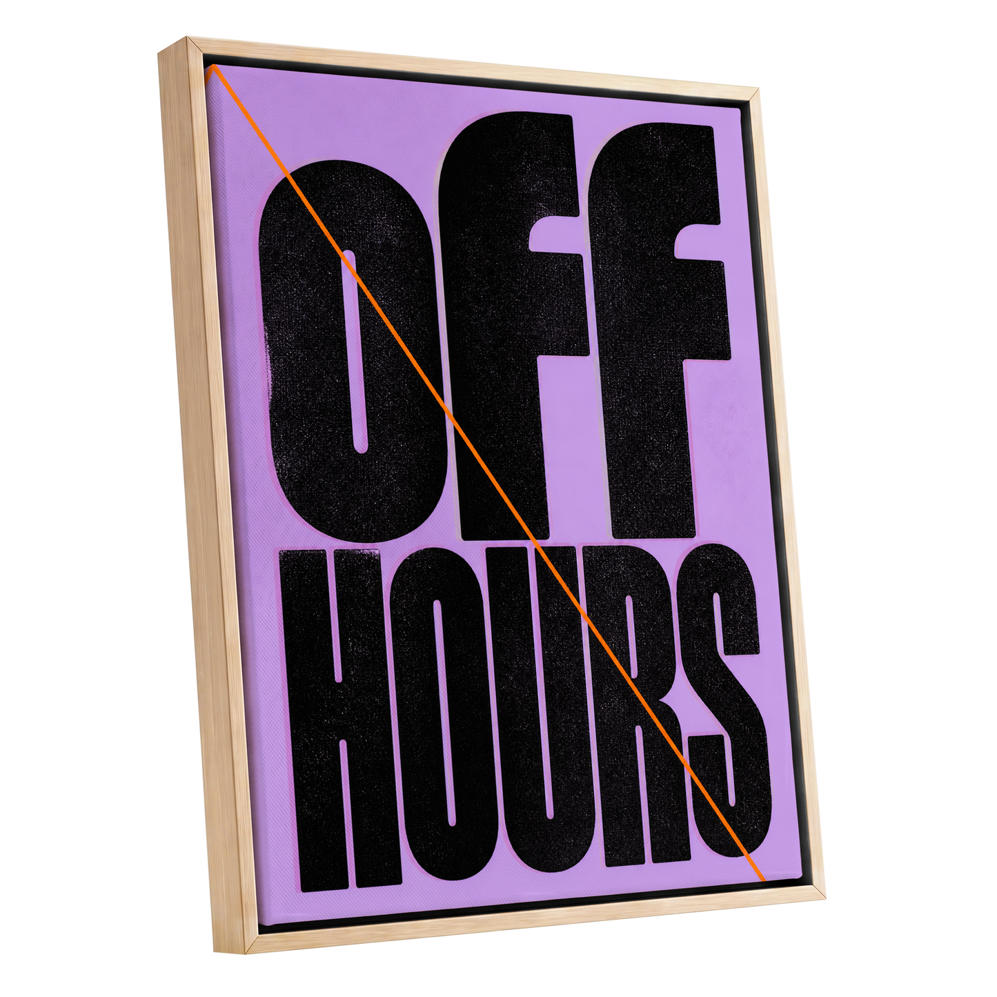 Off Hours Signal, black, purple, orange minimalist wall art shown as a oak framed canvas wall art
