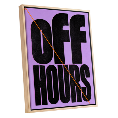 Off Hours Signal, black, purple, orange minimalist wall art shown as a oak framed canvas wall art