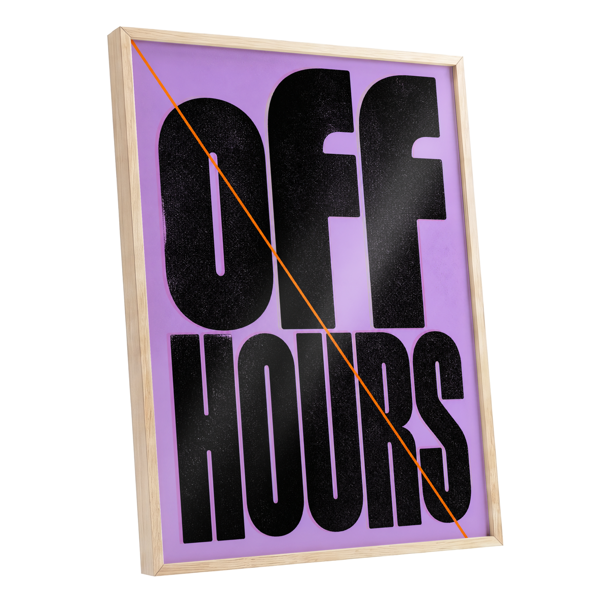 Off Hours Signal, black, purple, orange minimalist wall art shown as a oak framed poster wall art print