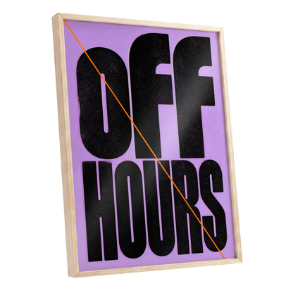 Off Hours Signal, black, purple, orange minimalist wall art shown as a oak framed poster wall art print