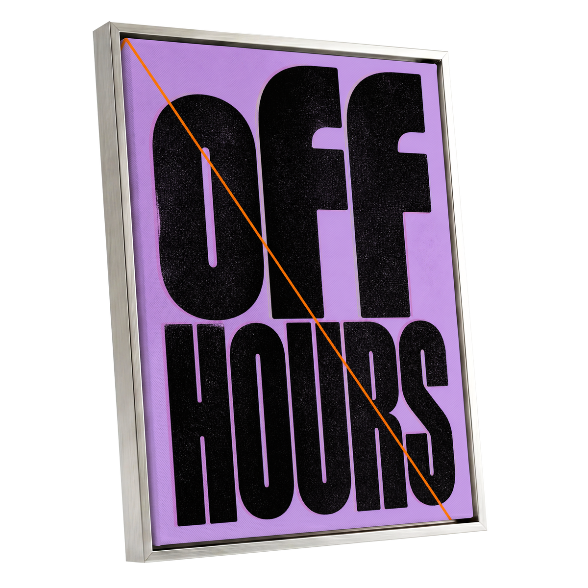 Off Hours Signal, black, purple, orange minimalist wall art shown as a silver framed canvas wall art