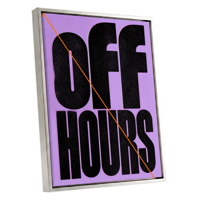 Off Hours Signal, black, purple, orange minimalist wall art shown as a silver framed canvas wall art
