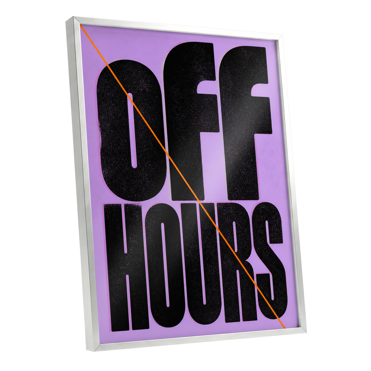 Off Hours Signal, black, purple, orange minimalist wall art shown as a silver framed poster wall art print