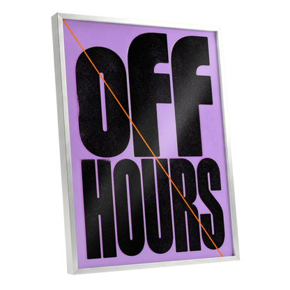 Off Hours Signal, black, purple, orange minimalist wall art shown as a silver framed poster wall art print